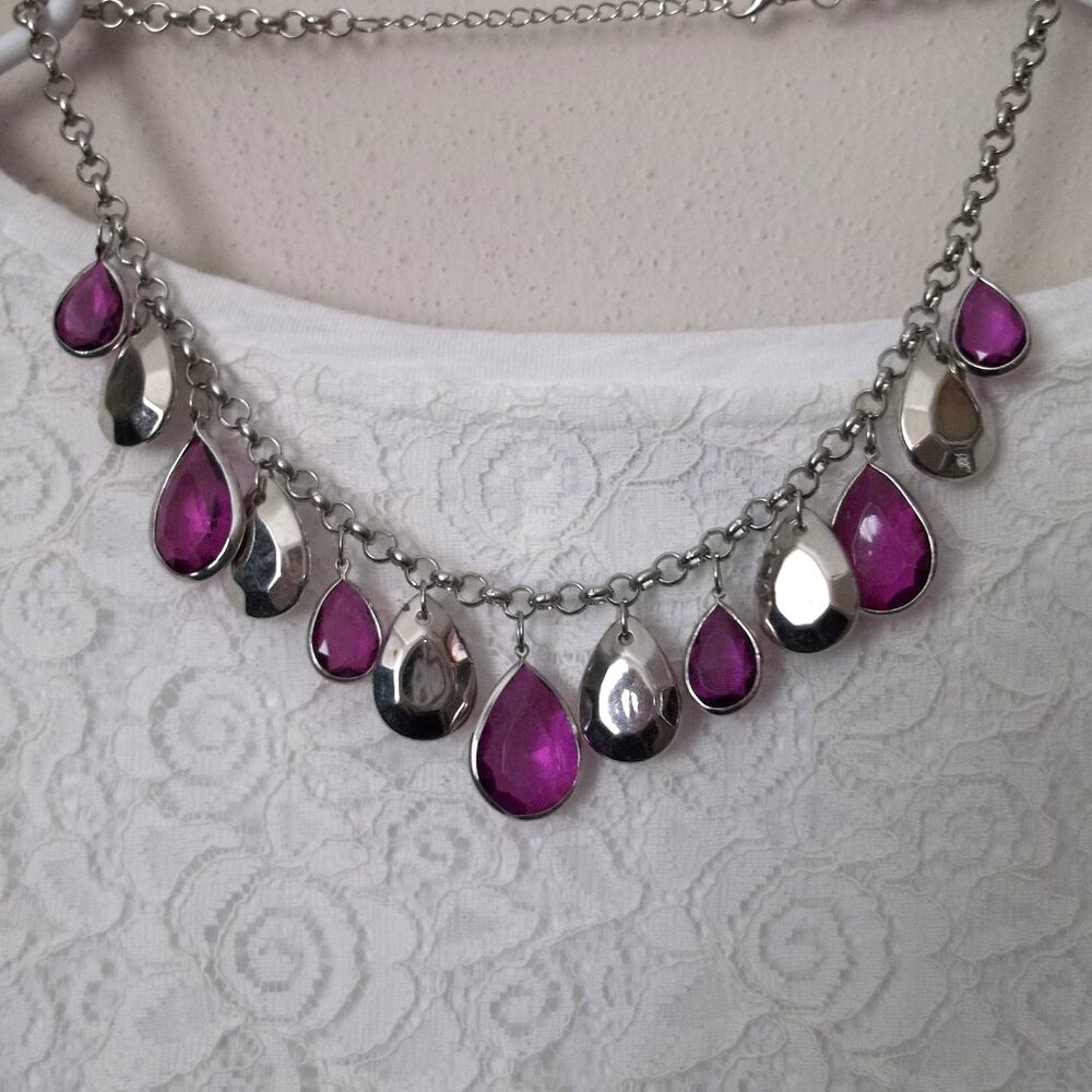 Purple And Silver Statement Teardrop Necklace Ear… - image 5